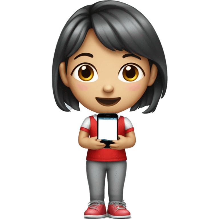 A little seven-year-old girl wearing a red candy cane shirt with gray pants, black shoes while holding an iPhone with a slightly Asian face emoji