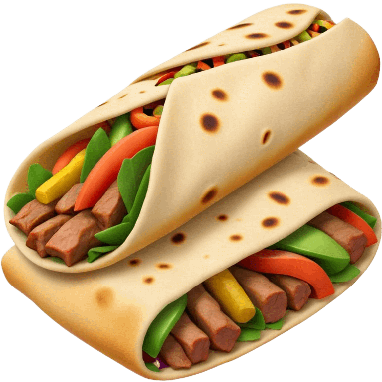 Cinematic Realistic Shawarma Dish Emoji, showcasing spiced, succulent meat wrapped in flatbread with fresh vegetables rendered with lifelike detail and dynamic, appetizing lighting. emoji