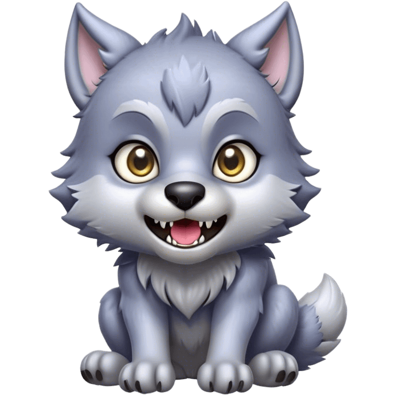 Cinematic Cute Werewolf Portrait Emoji, with a cuddly, miniature lupine form in soft moonlit grays and silvers, featuring oversized sparkling eyes and a sweet, endearing snarl, simplified yet irresistibly adorable, highly detailed with a gentle glowing outline that captures the playful, heartwarming essence of a little werewolf! emoji