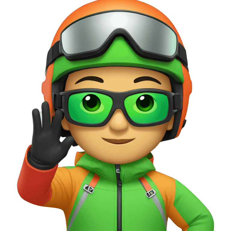 asian boy expert skier with red jacket, orange helmet and ski goggles with green lense emoji