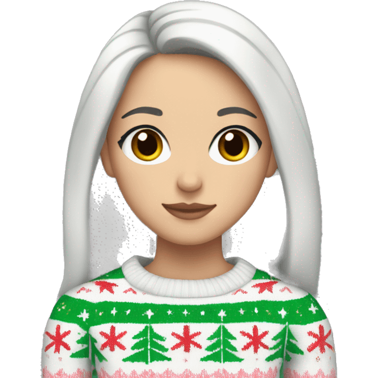 White girl with black hair wearing a Pastel Christmas sweater emoji