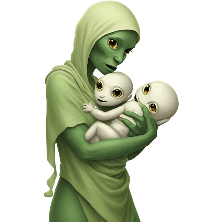  Reptilian alien woman , full body,  holds a newborn white humman baby emoji