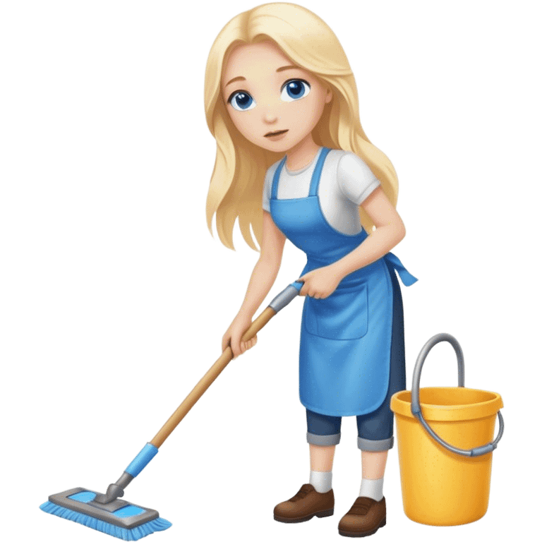 Cinematic realistic blonde with long hair, blue eyes cleans floors emoji