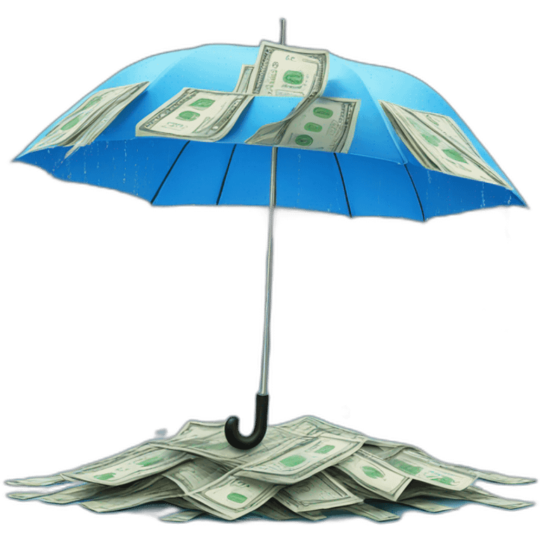 Blue umbrella under falling banknotes like rain emoji