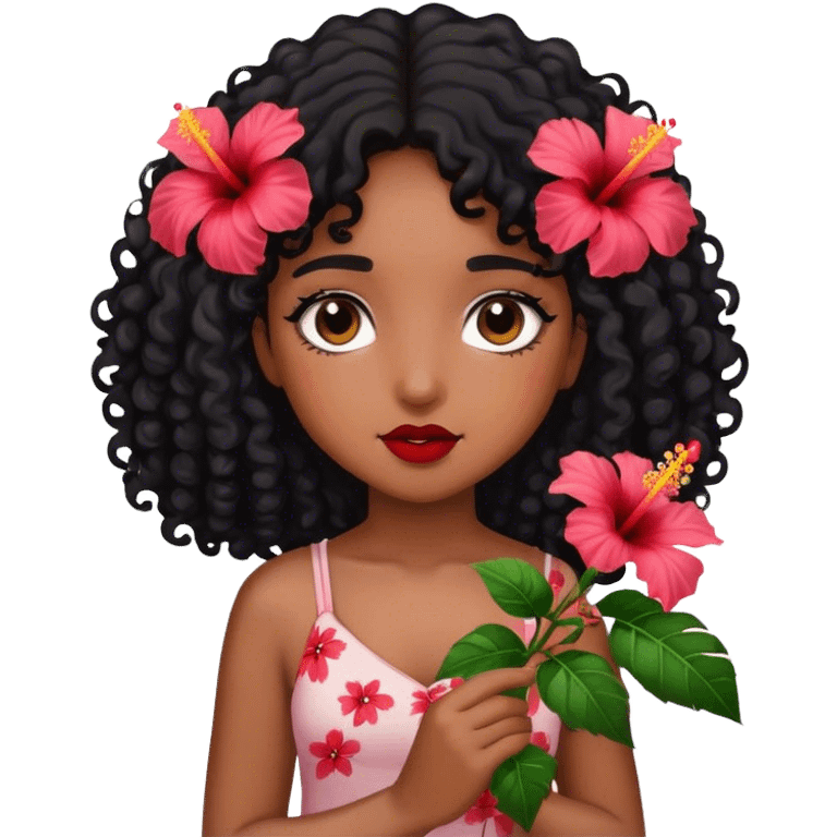 Girl with brown skin with black curly hair holding hibiscus flowers emoji