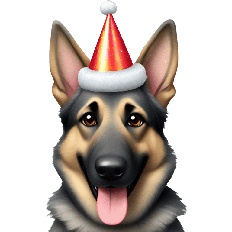 Grey German shepherd smiling and wearing a party hat emoji