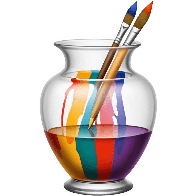 Glass painting icon, colorful brushstrokes on a glass vase, intricate painted patterns on the surface, visible fine paintbrush and palette beside it, no liquid inside the vase, minimalistic style, clean lines, transparent background. emoji