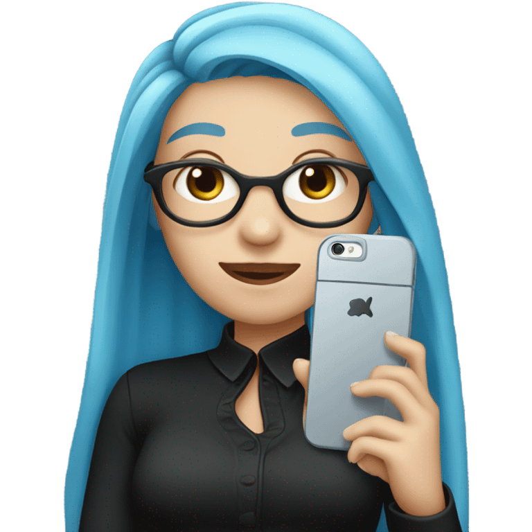 white skin girl with long blue hair in black clothes holding a phone emoji