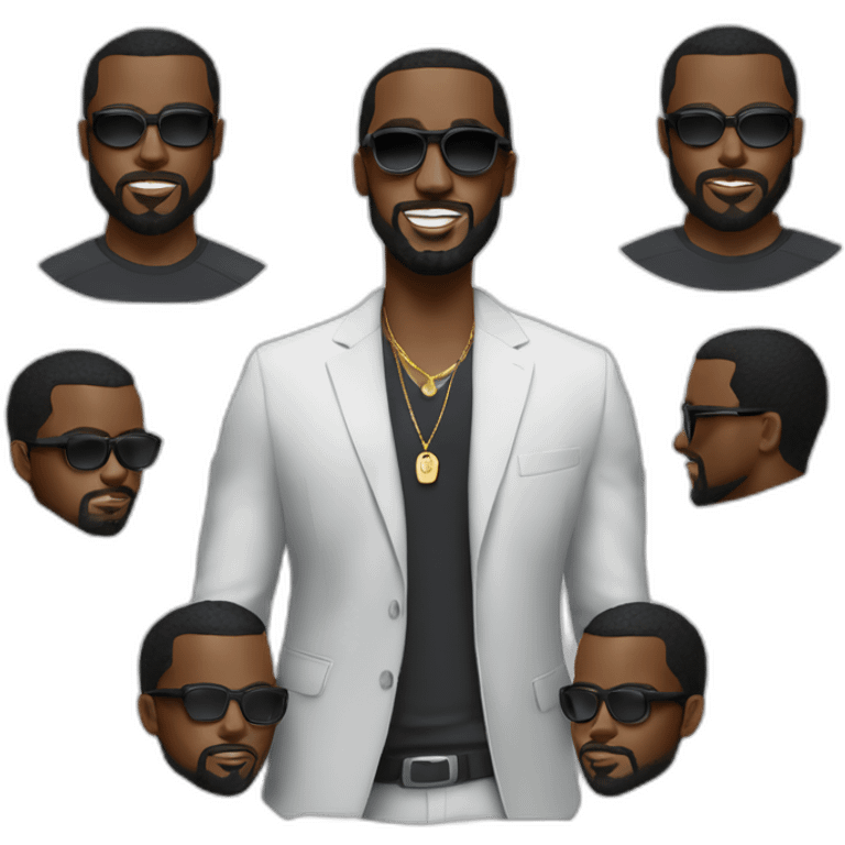 P diddy with Big beard and no wrikle on his forehead in a Nike techsuite with cartier glasses emoji