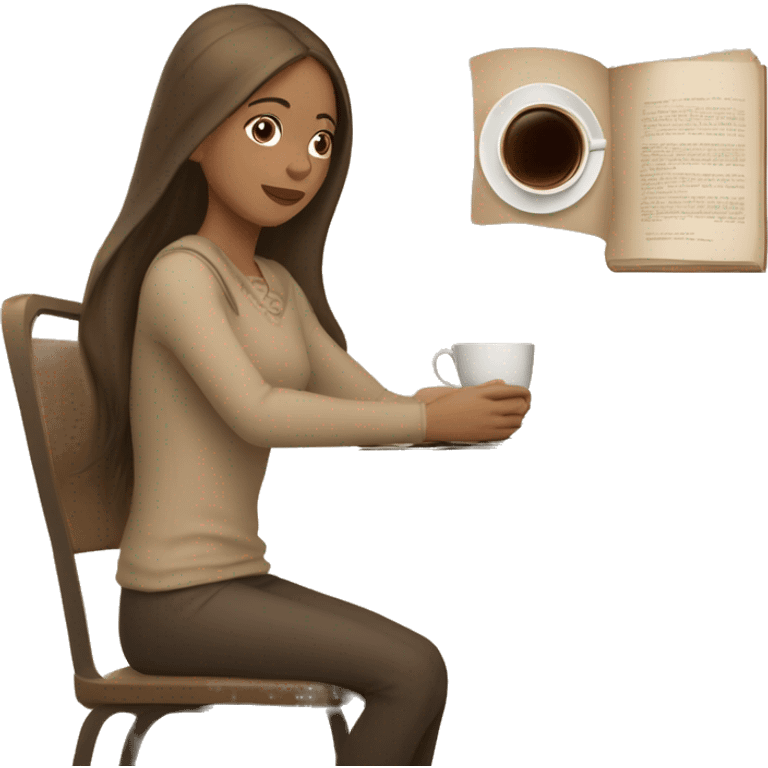 A girl at a table with a laptop. A a cup of coffee on the left side of the table. Books on the right side of the table. in beige tones emoji