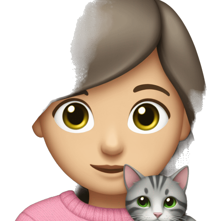 Brunette girl with long hair and green eyes in a pink sweater hugs a gray striped cat. The cat has brown eyes emoji