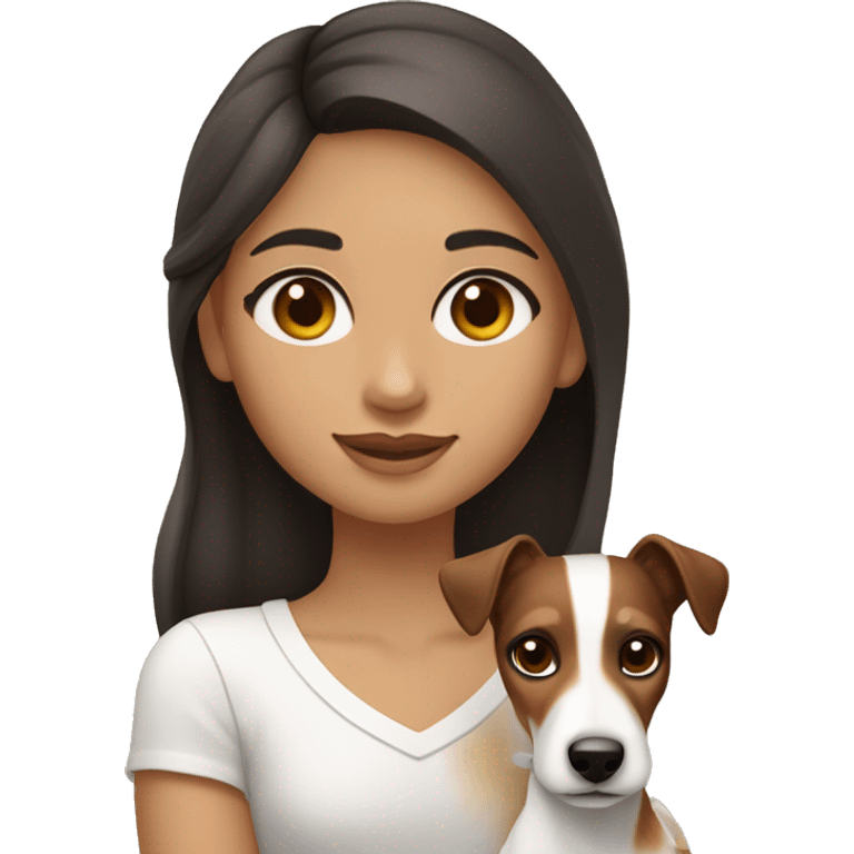 Girl with long dark brown hair and big hazel doe eyes with long eyelashes holding a jack russell terrier  emoji