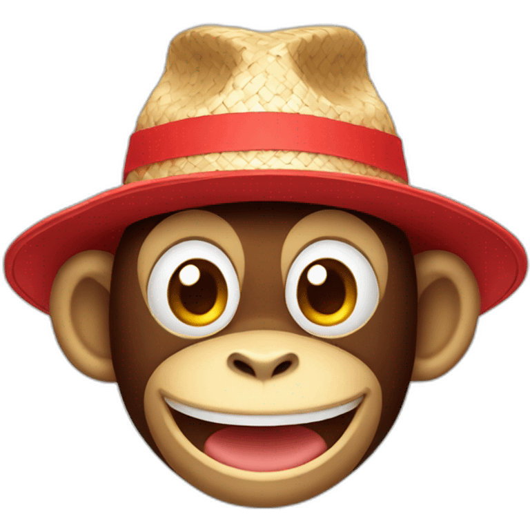 monkey with red t shirt and straw hat and big smile emoji