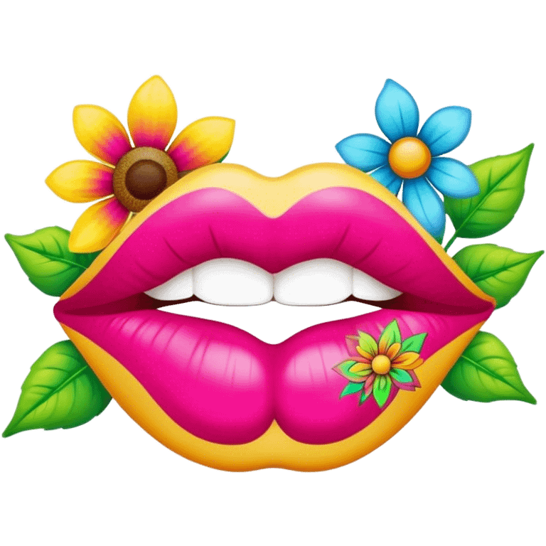 psychedelic colored lips with hippie style flowers emoji