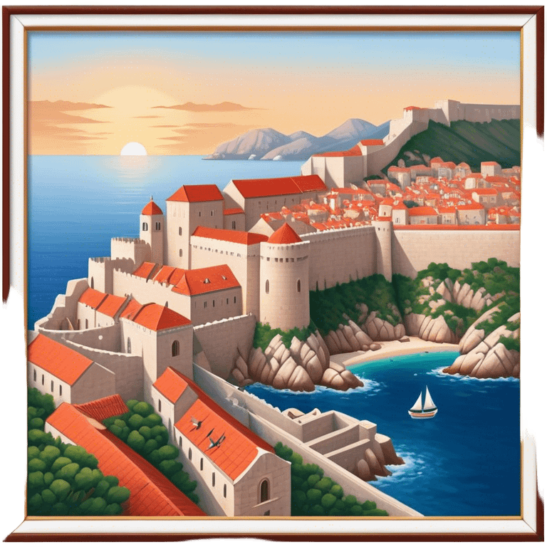 Cinematic Realistic Dubrovnik Landmark Emoji, depicted with historic fortified walls and red‚Äêtiled roofs rendered with intricate detail and dynamic, coastal lighting. emoji