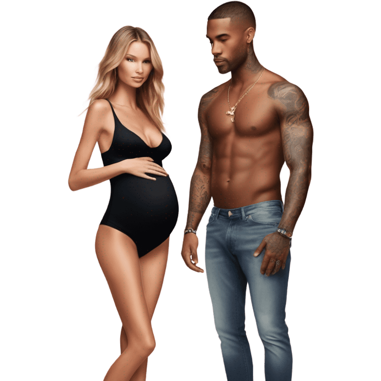 Photo of a Victoria secret model pregnant Standing next to a tattooed male model  emoji