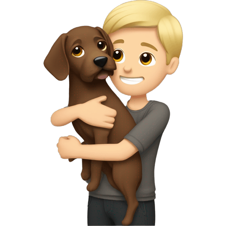 Blonde man hugging completely brown German wirehair emoji