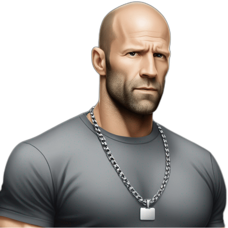 Jason Statham wearing men silver chain on a black tshirt,styled,cool emoji