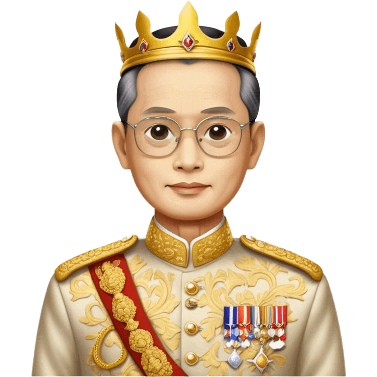 Cinematic Realistic King Bhumibol Adulyadej Portrait Emoji, depicted as a revered Thai monarch with a dignified expression and traditional royal attire, rendered with lifelike textures and soft regal lighting that captures his lasting legacy. emoji