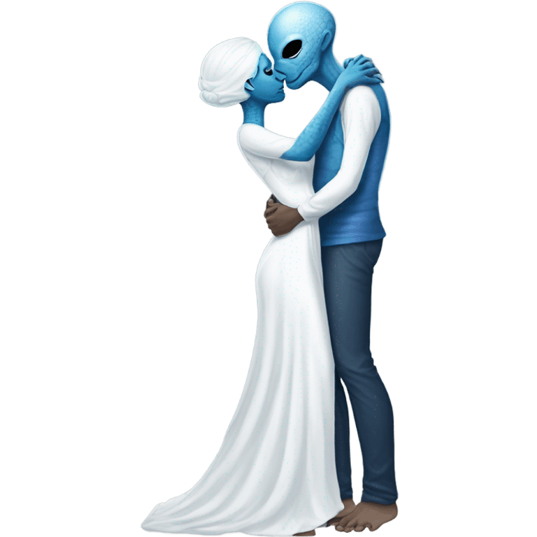 Alien reptilian woman in white dress hugs and kissing "white male human man" in blue dress emoji