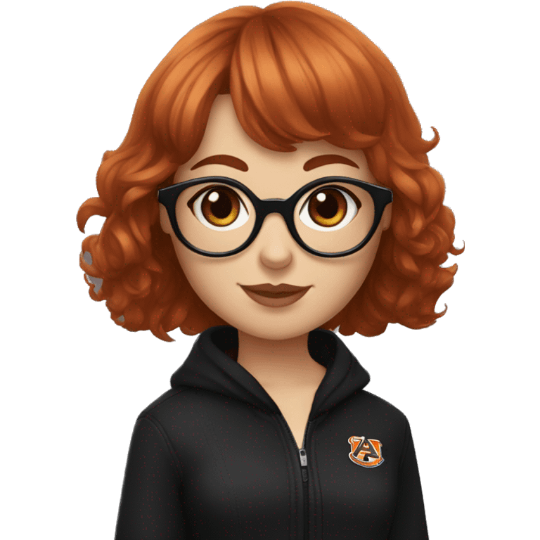 Auburn red-haired girl with bangs and short hair and black glasses and black clothes holding a Cavalier puppy emoji