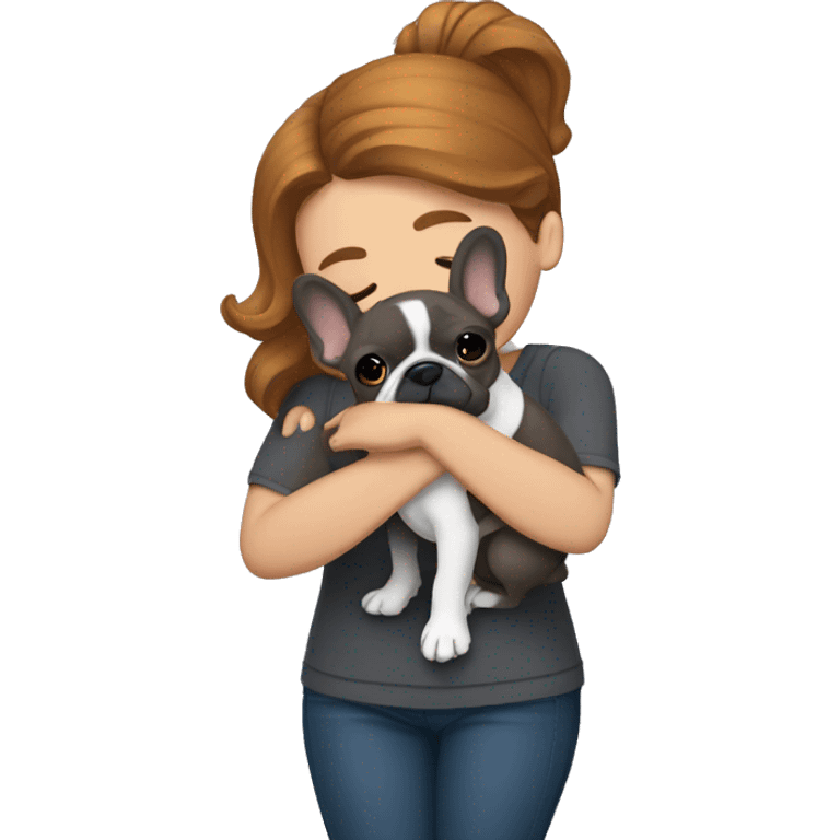 caramel hair woman hugging dark gray french bulldog emoji