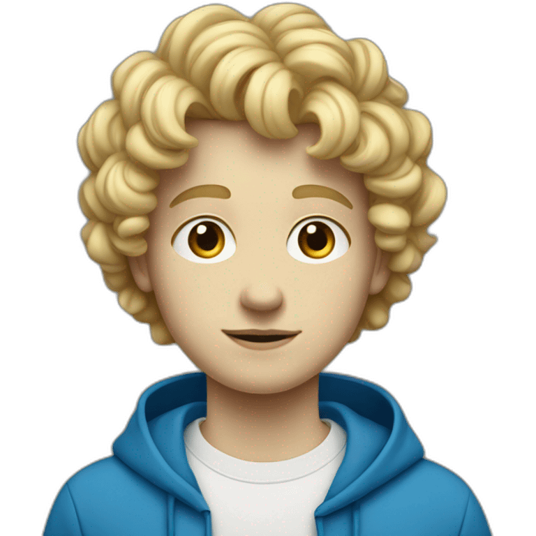 A white teenager boy in a blue sweatshirt with a round face short curly blonde emoji