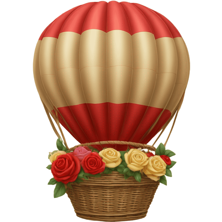 red hot air balloon and beige basket with roses emoji