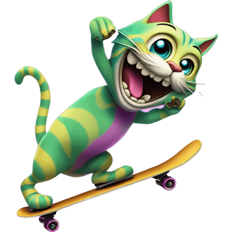 🦎 skating happily with eyes in colorful hues like the Cheshire Cat from Alice in Wonderland."



 emoji