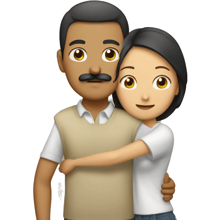 Tan male with mustache hugging Asian female emoji