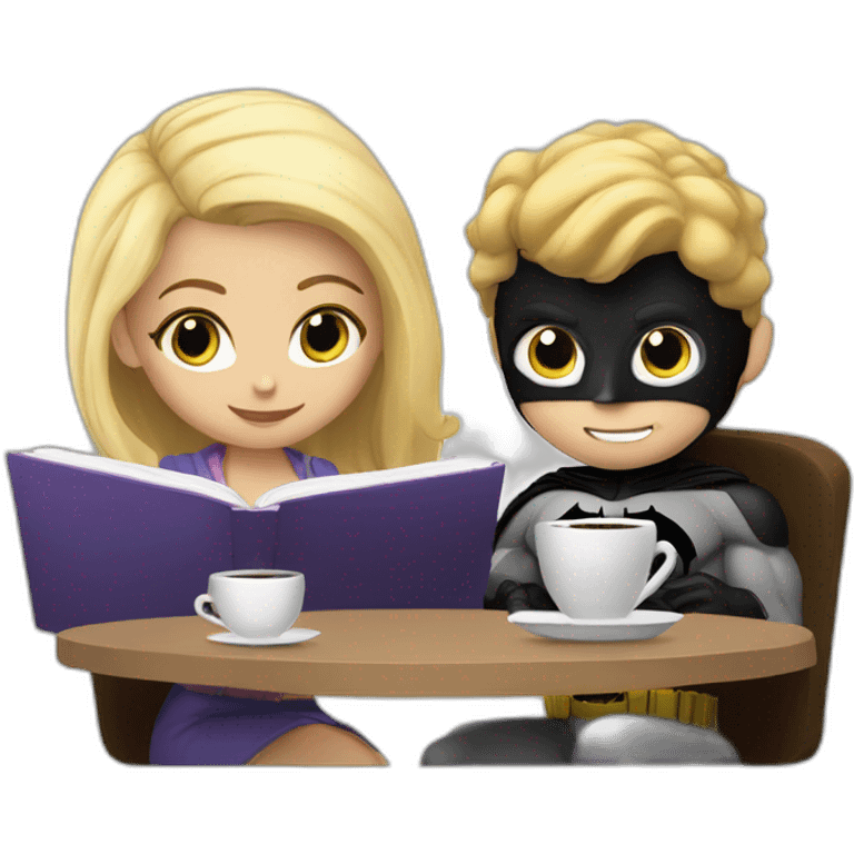 The blonde girl and the batman are studying with coffee emoji