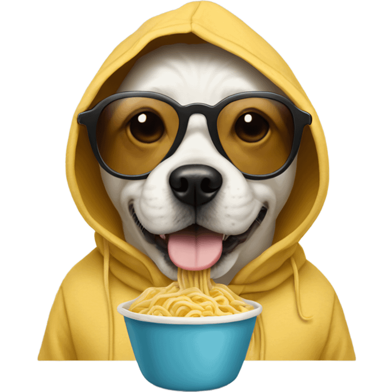 dog wearing hoodie eating noodles and wearing sunglasses  emoji