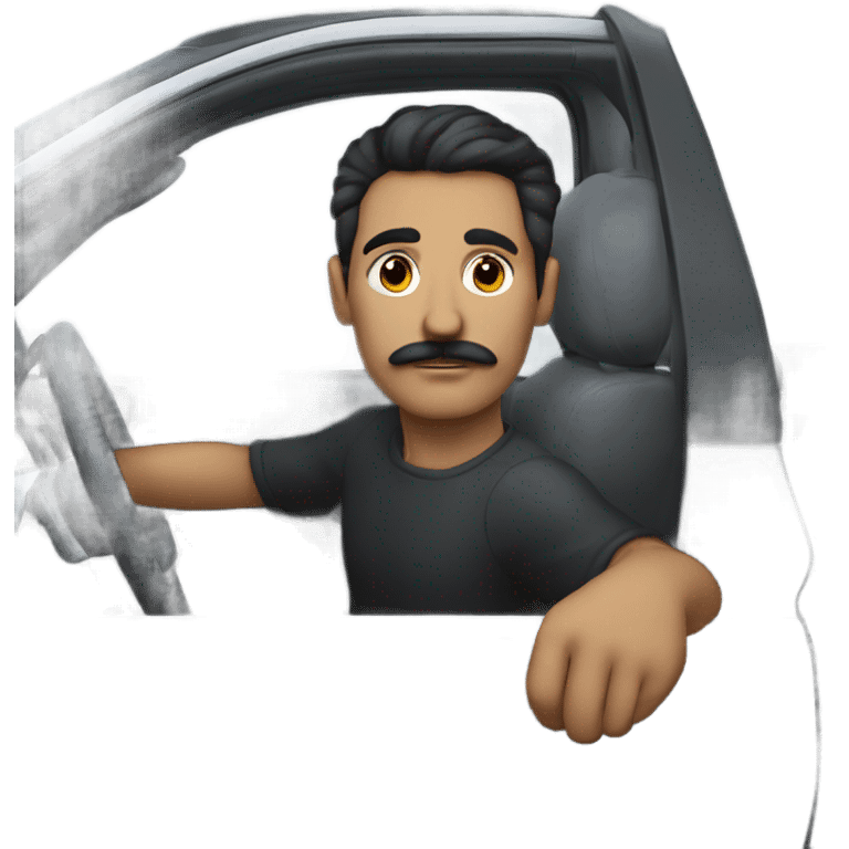 dark hair dark eye man with mustache sitting in car emoji