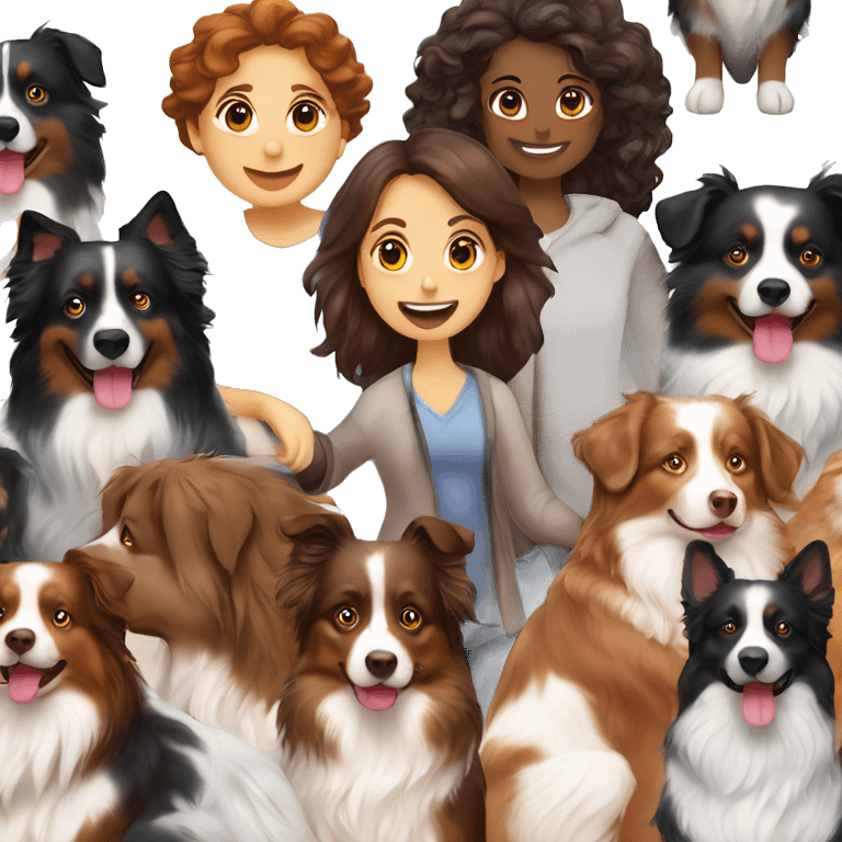 family group consisting of brunette long hair woman,  black tri Australian shepherd, red Merle Australian shepherd,  emoji