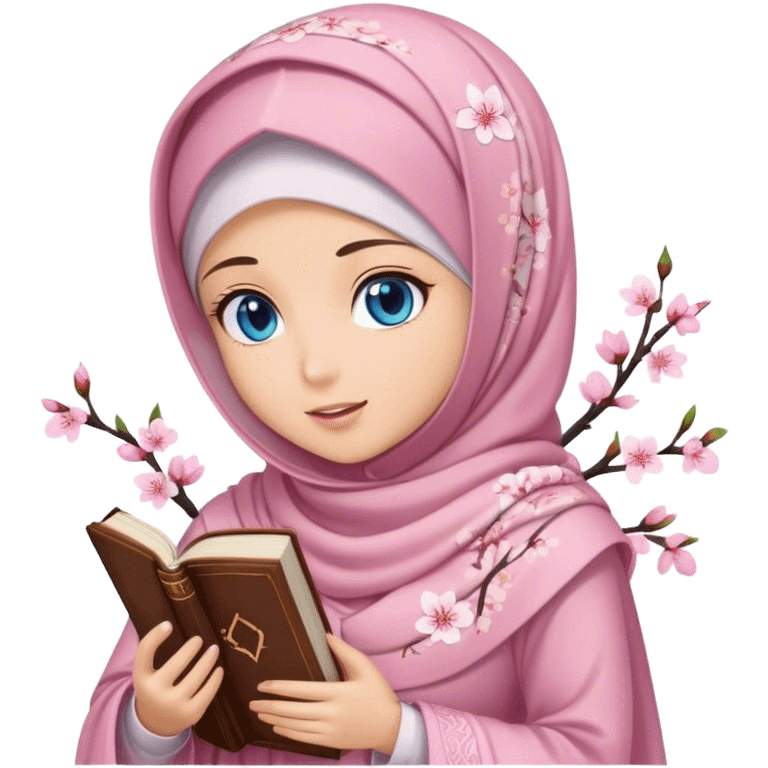 Turkish beautiful finish Konya girl blue eyes with hijab and cherry blossom dress have Quran  emoji