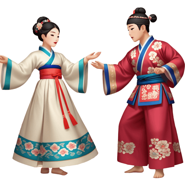 Cinematic Realistic scene of two performers engaging in Ganggangsullae, dressed in traditional Korean costumes with intricate patterns and graceful movements, illuminated by soft, festive lighting that accentuates the cultural ambiance emoji