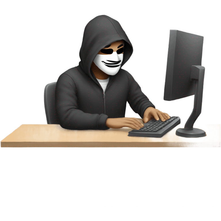 Man in anonymous mask typing text on computer emoji