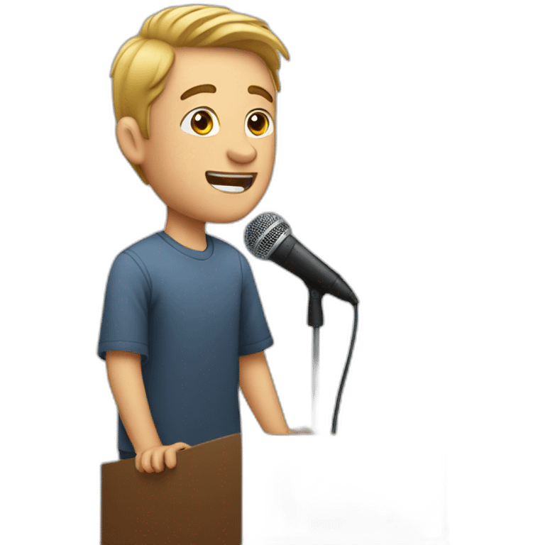 A white young man speaking on a stage with microphone emoji