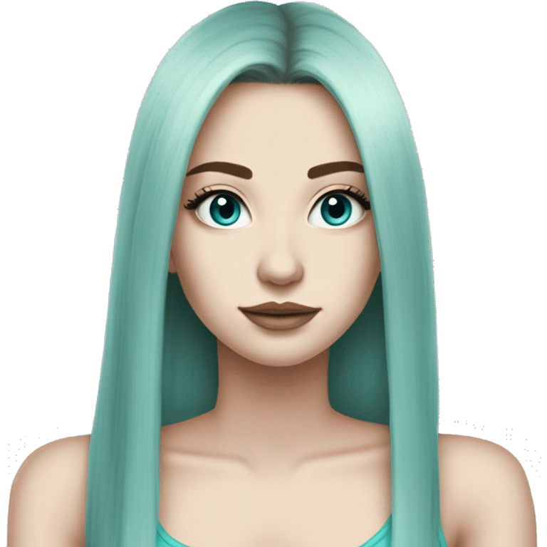 Cute girl, pale skin, big lips, straight hair, long hair, lack hair, big lashes, cyan tank top, long hair emoji emoji