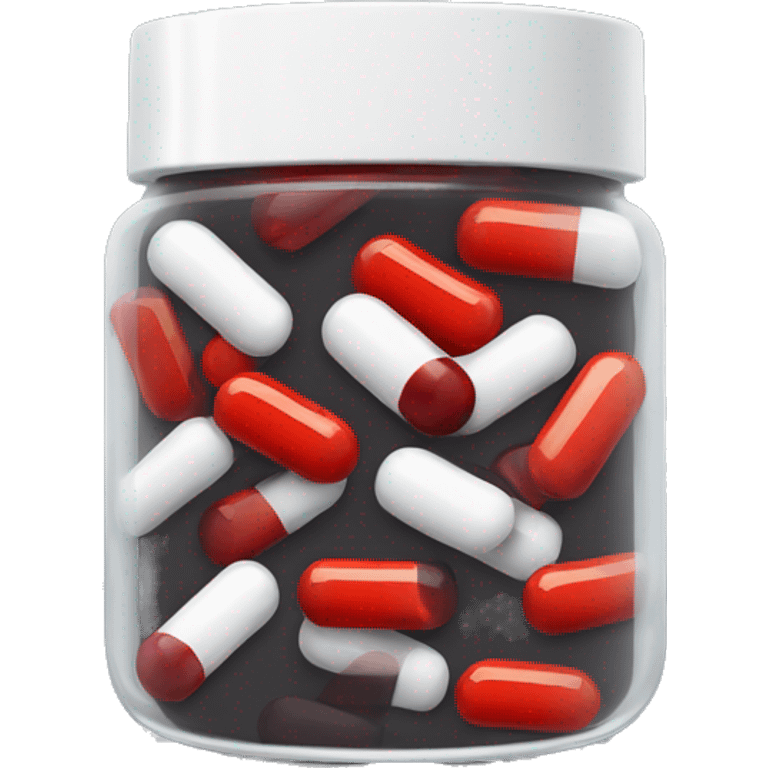 dark tinted supplement jar with pills that are half white and half red inside emoji