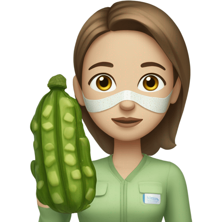 Girl with freackles Brown hair and white skin blue eyes wears skin care mask Thats Green and on top of that pickle on her closed eyes emoji