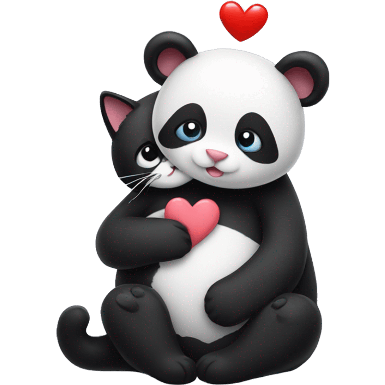 a black cat hugs a panda with hearts emoji