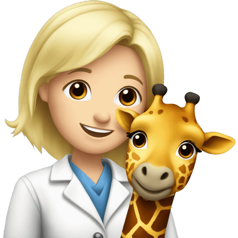 blonde hair smiling veterinarian girl having cuddles with giraffe emoji