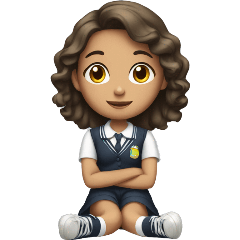 A young girl in a school uniform sitting legs crossed  emoji