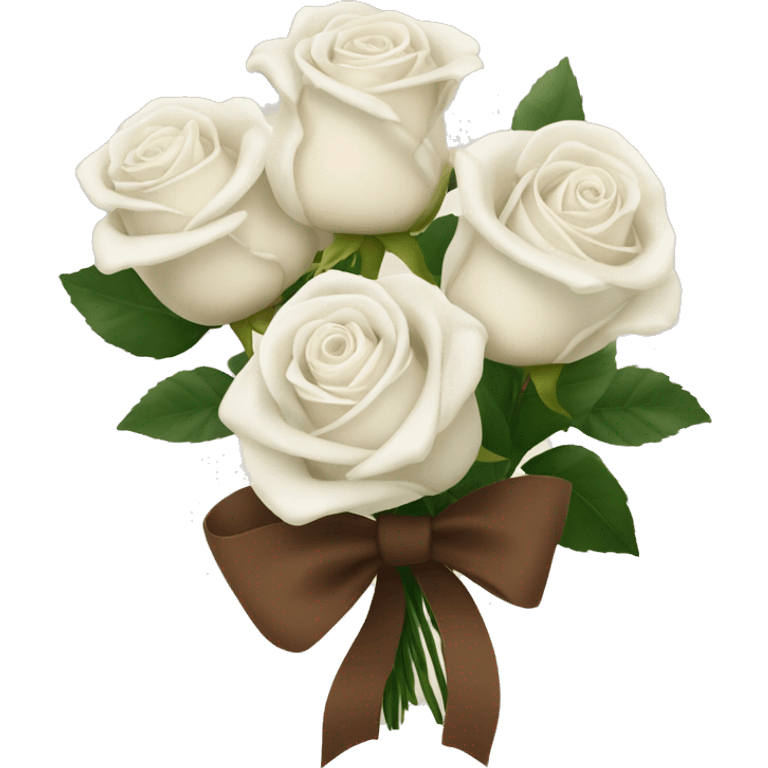 White roses with a brown bow holding the bouquet together and a note that says Ariel emoji