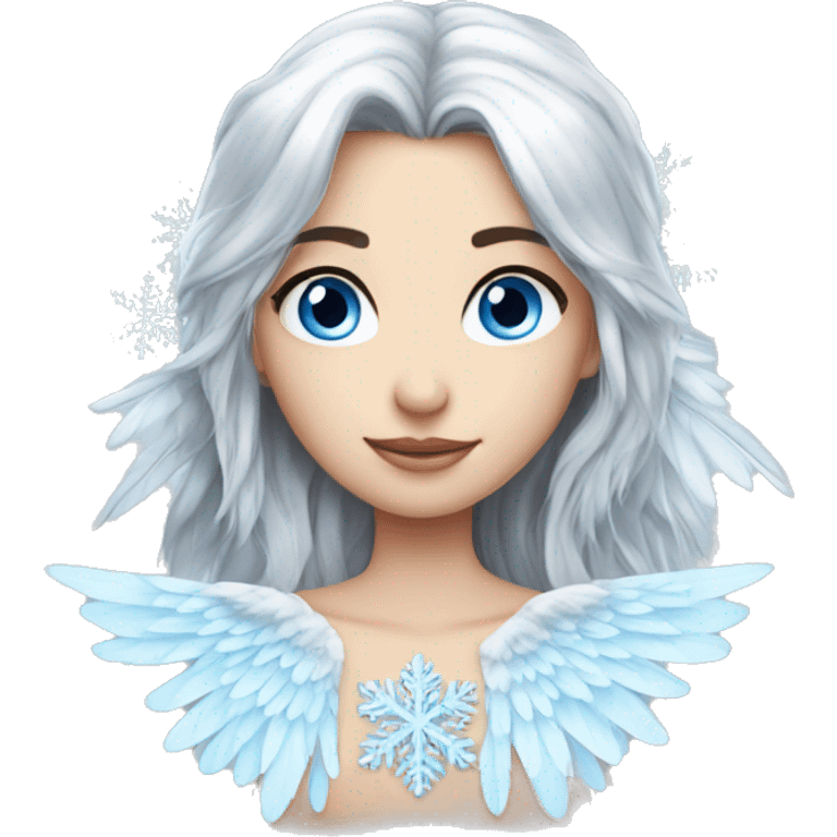 big wings, silver, feather, icy ,snowflake, Beautiful, fairy, long hair, blue eyes emoji