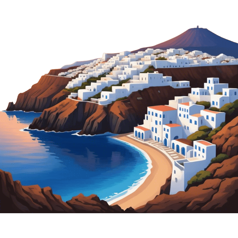 Cinematic Realistic Santorini Caldera Landmark Emoji, featuring white-washed buildings perched on volcanic cliffs, overlooking the deep blue Aegean Sea, with warm sunset hues illuminating the sky and reflecting off the water. emoji