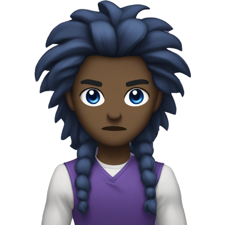 Black anime character angry with long hair with maincolors being purple and blue emoji