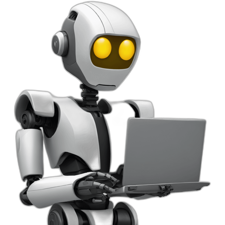 robot in a suit with head tilted using a laptop emoji