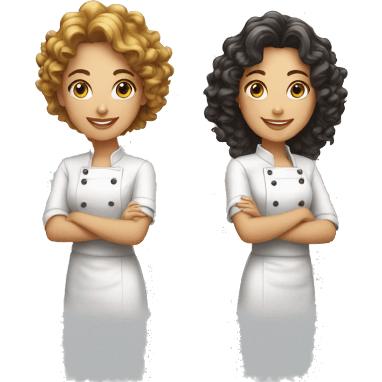 Two female cooks for a logo. The first one has short dark curly hair. The second one has medium-length golden curly hair. emoji